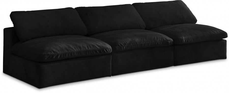 Cozy Black Velvet Modular Fiber Filled Cloud-Like Comfort Overstuffed 117" Armless Sofa from Meridian - Luna Furniture