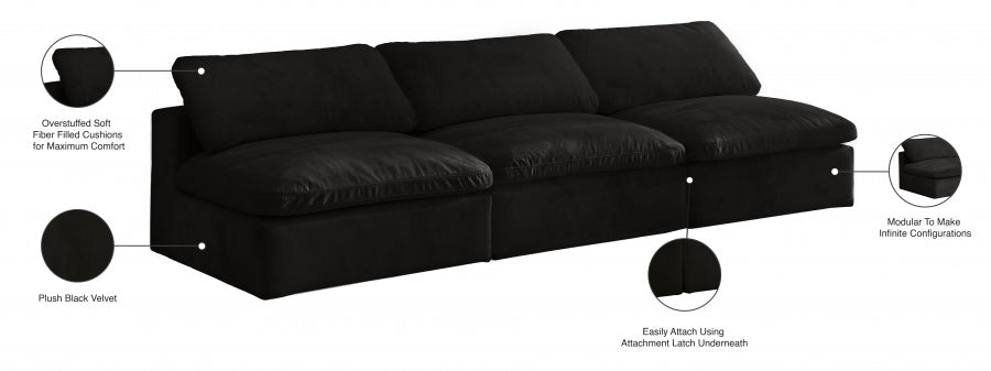 Cozy Black Velvet Modular Fiber Filled Cloud-Like Comfort Overstuffed 117" Armless Sofa from Meridian - Luna Furniture