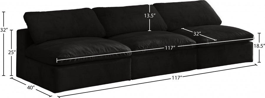 Cozy Black Velvet Modular Fiber Filled Cloud-Like Comfort Overstuffed 117" Armless Sofa from Meridian - Luna Furniture