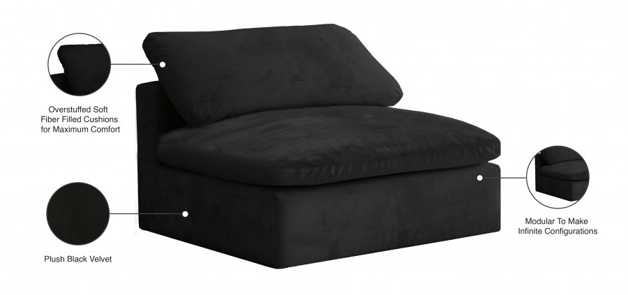 Cozy Black Velvet Modular Fiber Filled Cloud-Like Comfort Overstuffed Armless Chair from Meridian - Luna Furniture