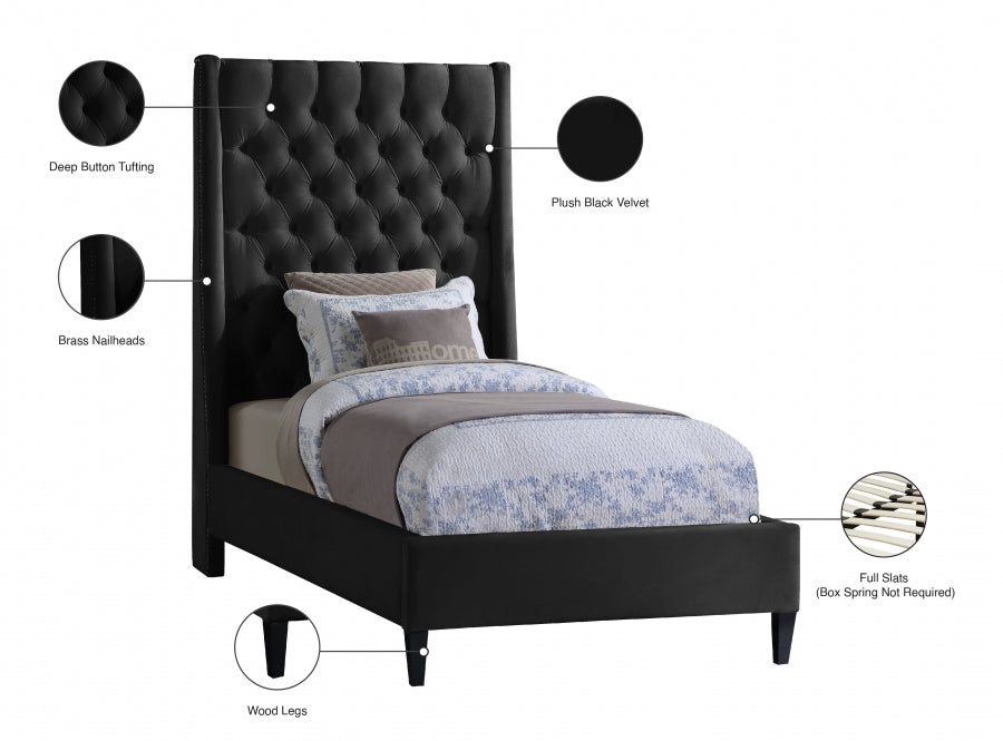 Fritz Black Velvet Twin Bed from Meridian - Luna Furniture