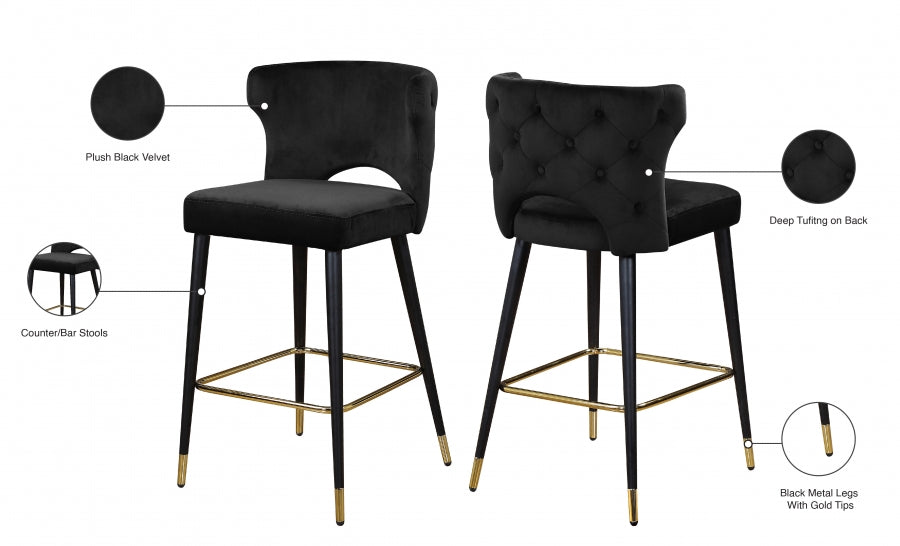 Kelly Black Velvet Counter Stool, Set of 2 from Meridian - Luna Furniture