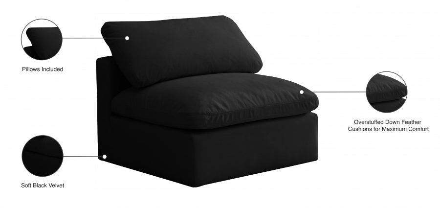 Plush Black Velvet Standard Modular Down Filled Cloud-Like Comfort Overstuffed Armless Chair from Meridian - Luna Furniture