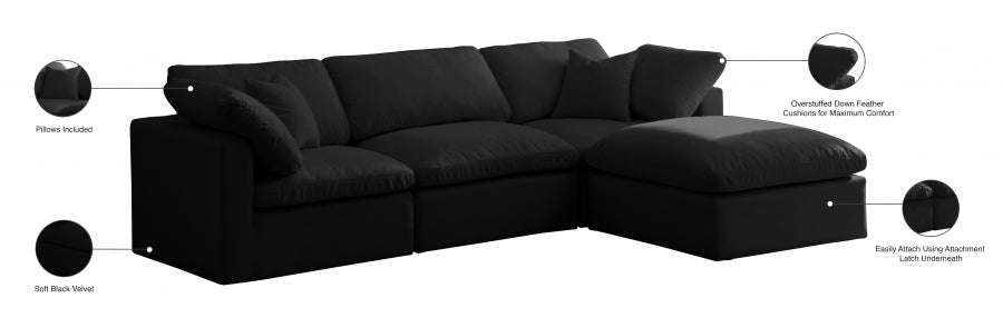 Plush Black Velvet Standard Modular Down Filled Cloud-Like Comfort Overstuffed Reversible Sectional from Meridian - Luna Furniture