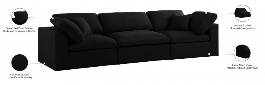 Serene Black Linen Textured Deluxe Modular Down Filled Cloud-Like Comfort Overstuffed 119" Sofa from Meridian - Luna Furniture