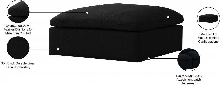 Serene Black Linen Textured Deluxe Modular Down Filled Cloud-Like Comfort Overstuffed Ottoman from Meridian - Luna Furniture