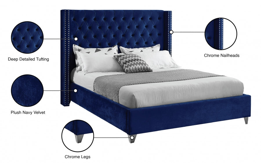 Aiden Blue Velvet Queen Bed from Meridian - Luna Furniture