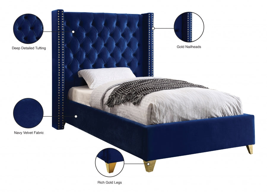 Barolo Blue Velvet Twin Bed from Meridian - Luna Furniture