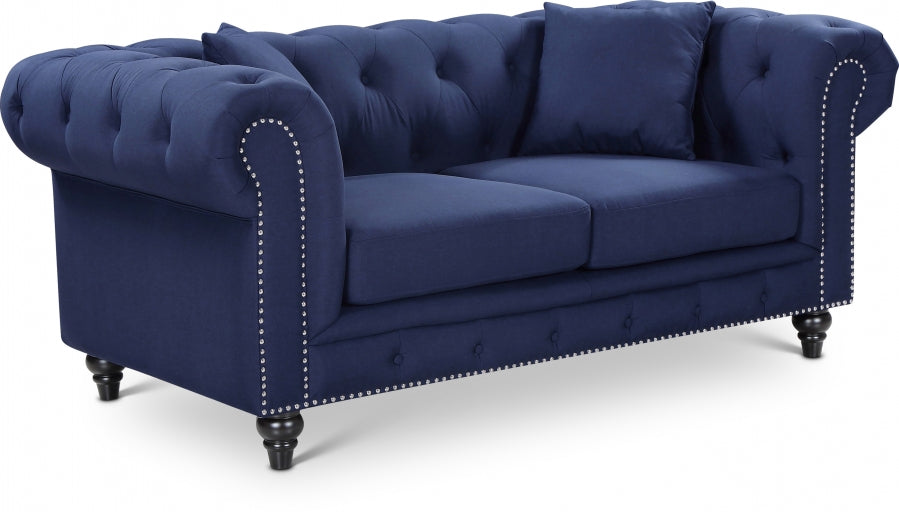 Chesterfield Blue Linen Textured Loveseat from Meridian - Luna Furniture