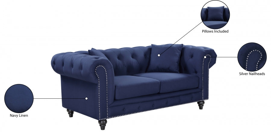 Chesterfield Blue Linen Textured Loveseat from Meridian - Luna Furniture