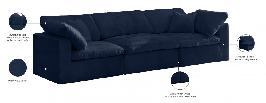 Cozy Blue Velvet Modular Fiber Filled Cloud-Like Comfort Overstuffed 119" Sofa from Meridian - Luna Furniture