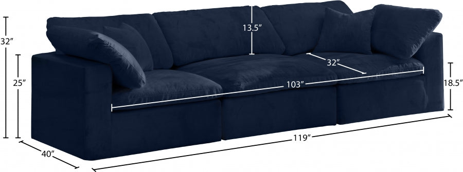 Cozy Blue Velvet Modular Fiber Filled Cloud-Like Comfort Overstuffed 119" Sofa from Meridian - Luna Furniture