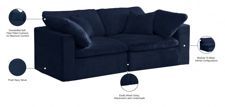 Cozy Blue Velvet Modular Fiber Filled Cloud-Like Comfort Overstuffed 80" Loveseat from Meridian - Luna Furniture