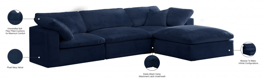 Cozy Blue Velvet Modular Fiber Filled Cloud-Like Comfort Overstuffed Reversible Sectional from Meridian - Luna Furniture