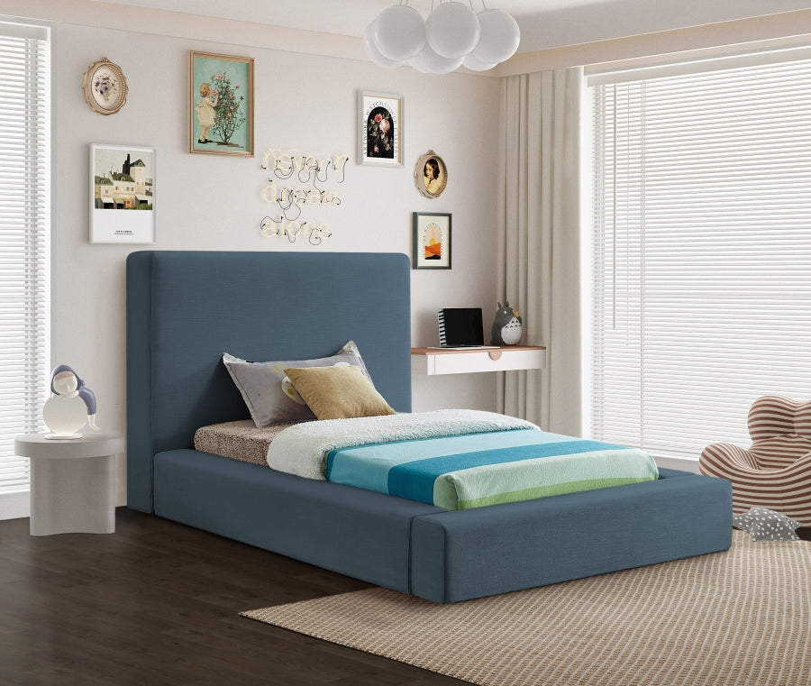 Blue Devin Linen Textured Fabric Twin Bed from Meridian - Luna Furniture