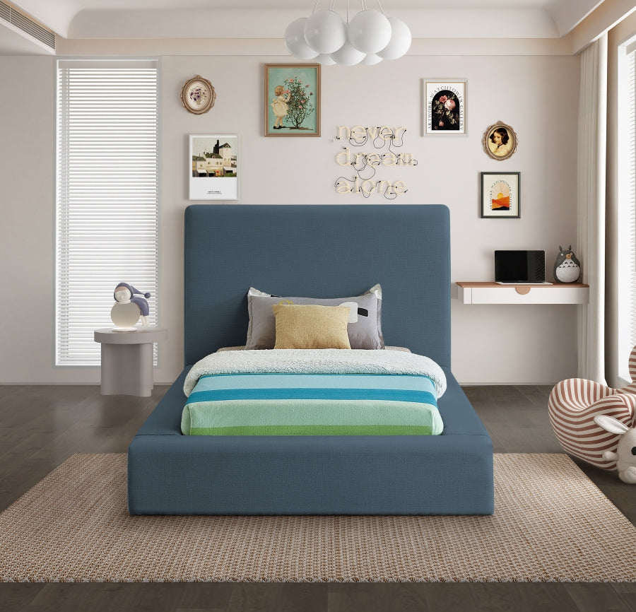 Blue Devin Linen Textured Fabric Twin Bed from Meridian - Luna Furniture