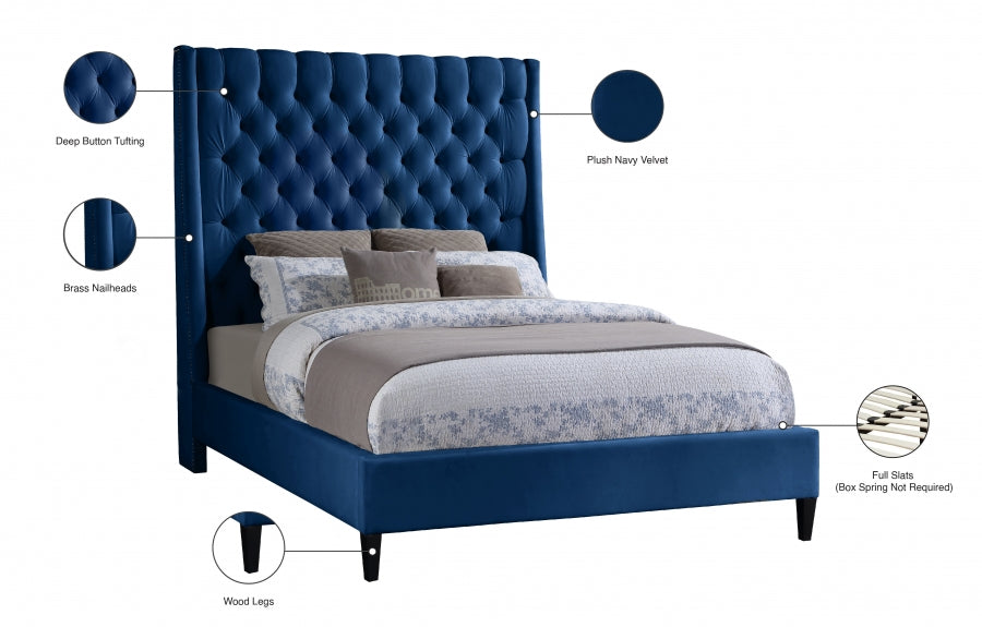 Fritz Blue Velvet Queen Bed from Meridian - Luna Furniture