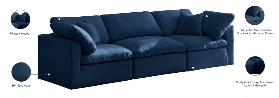 Plush Blue Velvet Standard Modular Down Filled Cloud-Like Comfort Overstuffed 105" Sofa from Meridian - Luna Furniture