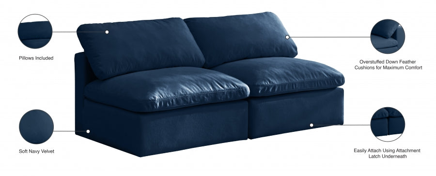 Plush Blue Velvet Standard Modular Down Filled Cloud-Like Comfort Overstuffed 70" Armless Sofa from Meridian - Luna Furniture