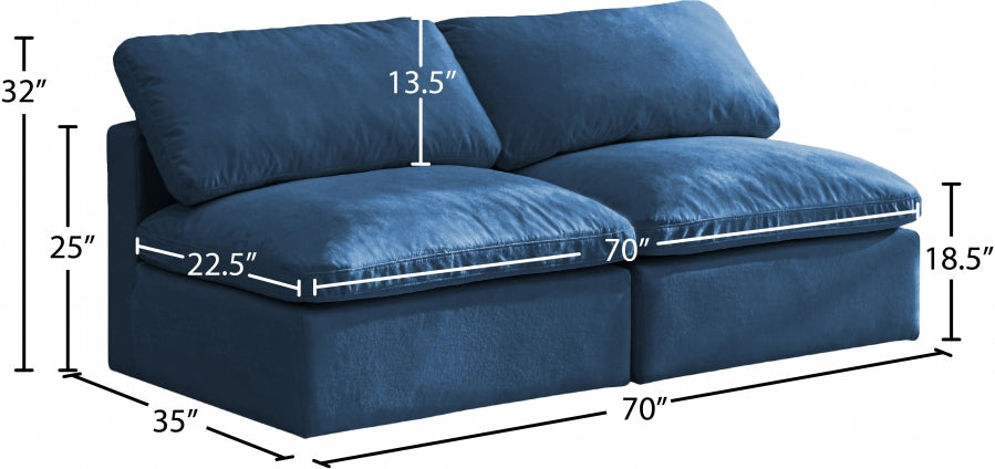 Plush Blue Velvet Standard Modular Down Filled Cloud-Like Comfort Overstuffed 70" Armless Sofa from Meridian - Luna Furniture