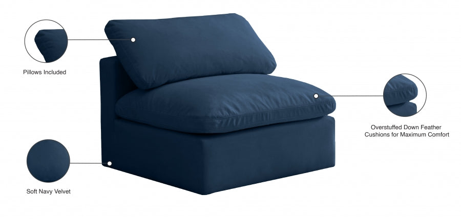 Plush Blue Velvet Standard Modular Down Filled Cloud-Like Comfort Overstuffed Armless Chair from Meridian - Luna Furniture