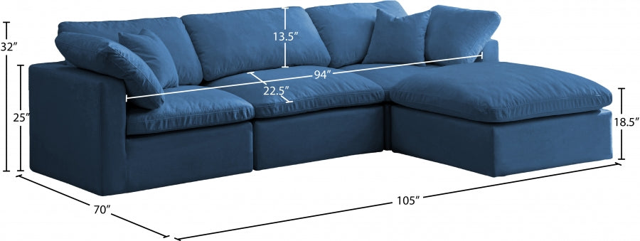 Plush Blue Velvet Standard Modular Down Filled Cloud-Like Comfort Overstuffed Reversible Sectional from Meridian - Luna Furniture