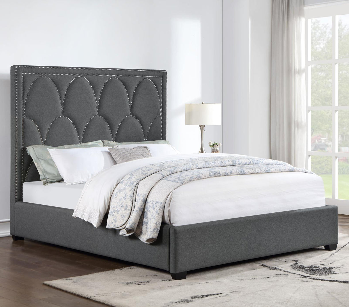 Bowfield Upholstered Bed with Nailhead Trim Charcoal from Coaster - Luna Furniture