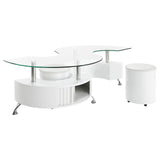 Buckley Curved Glass Top Coffee Table With Stools White High Gloss from Coaster - Luna Furniture