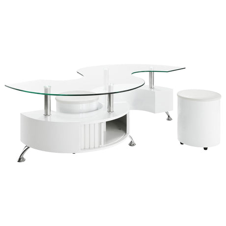 Buckley Curved Glass Top Coffee Table With Stools White High Gloss from Coaster - Luna Furniture