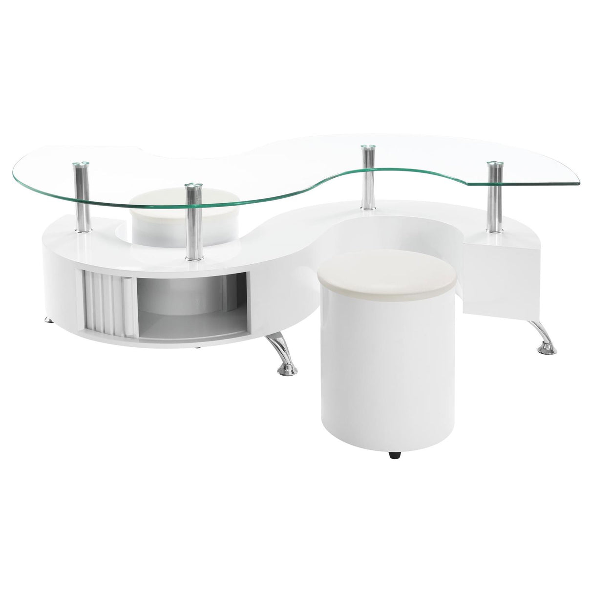 Buckley Curved Glass Top Coffee Table With Stools White High Gloss from Coaster - Luna Furniture