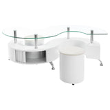 Buckley Curved Glass Top Coffee Table With Stools White High Gloss from Coaster - Luna Furniture