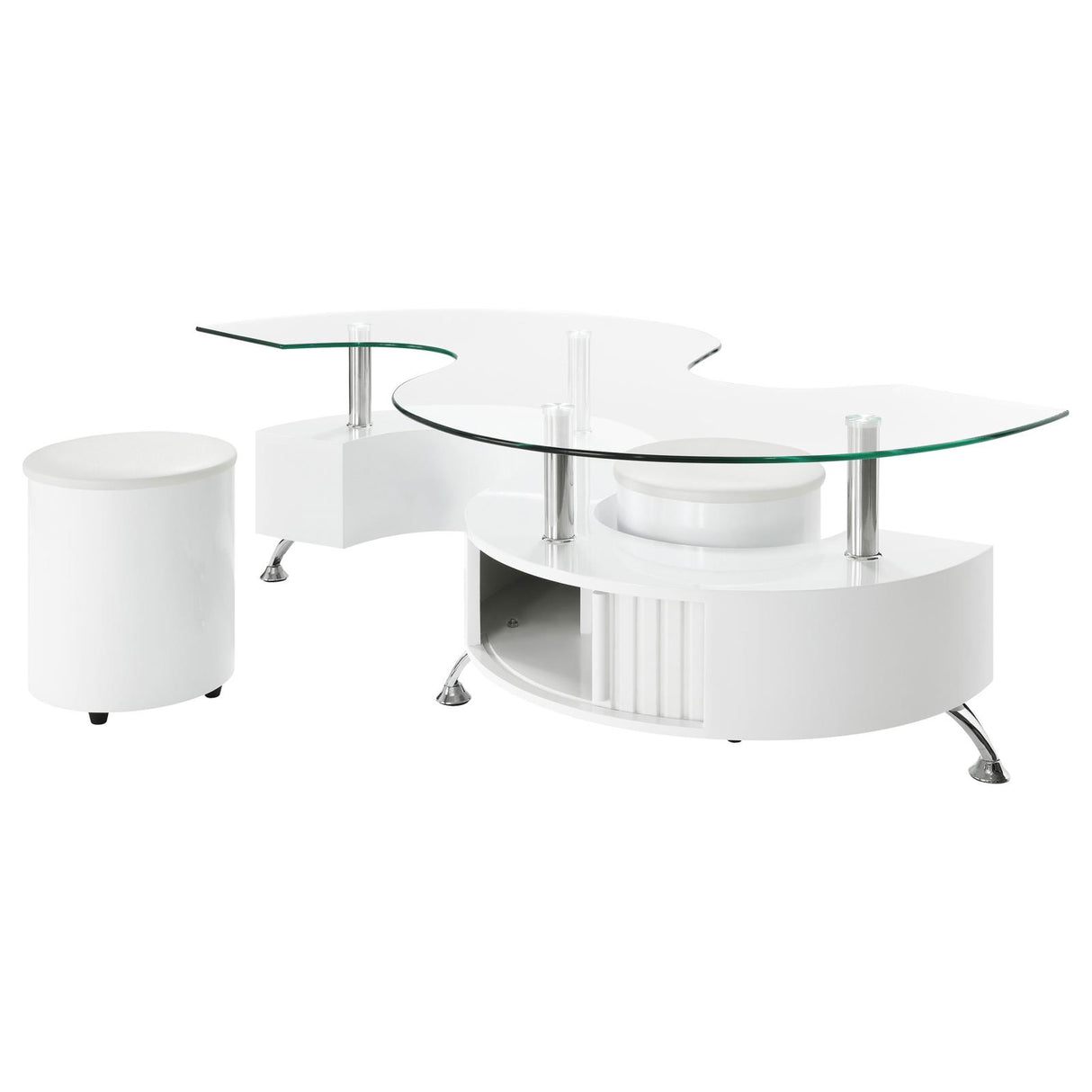 Buckley Curved Glass Top Coffee Table With Stools White High Gloss from Coaster - Luna Furniture