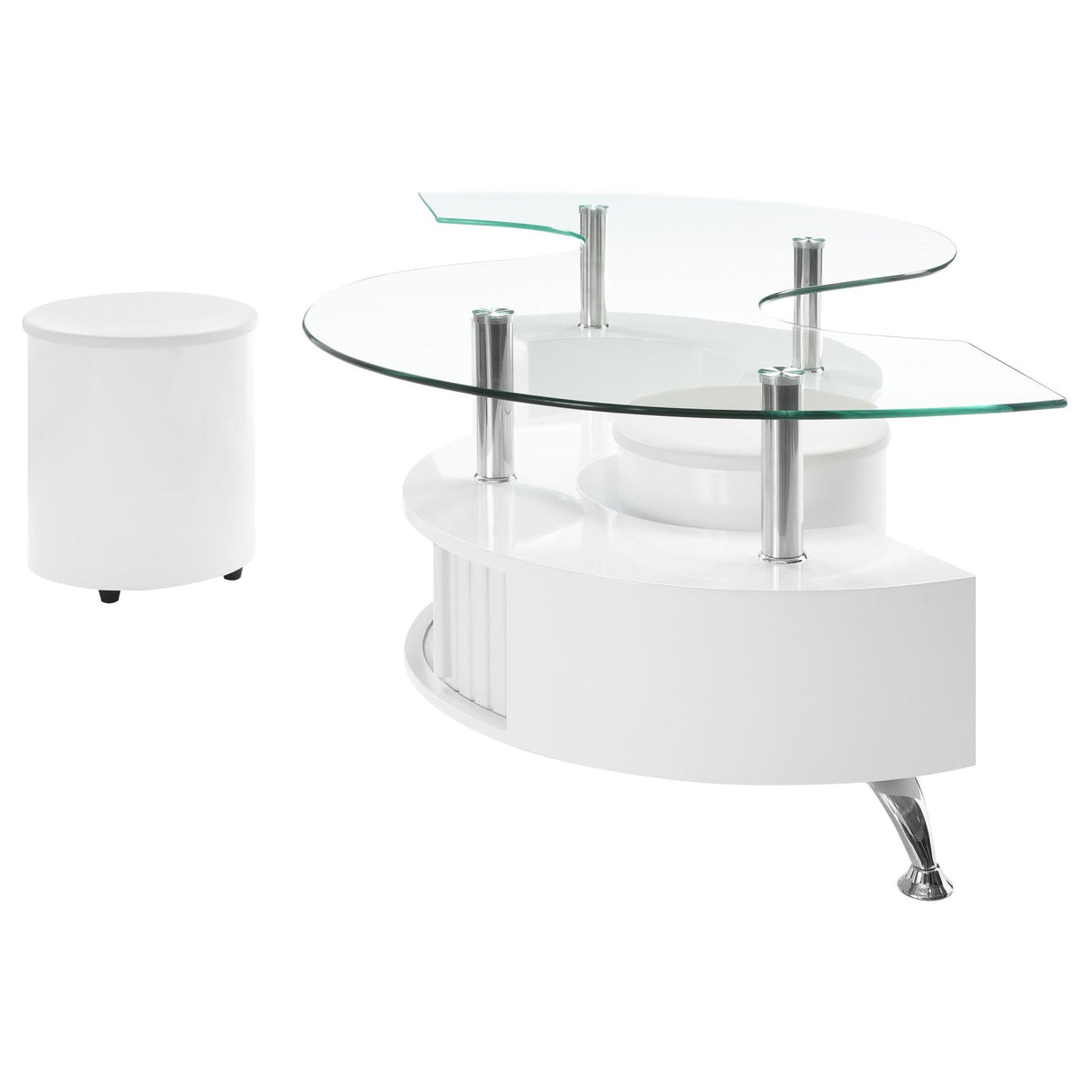 Buckley Curved Glass Top Coffee Table With Stools White High Gloss from Coaster - Luna Furniture