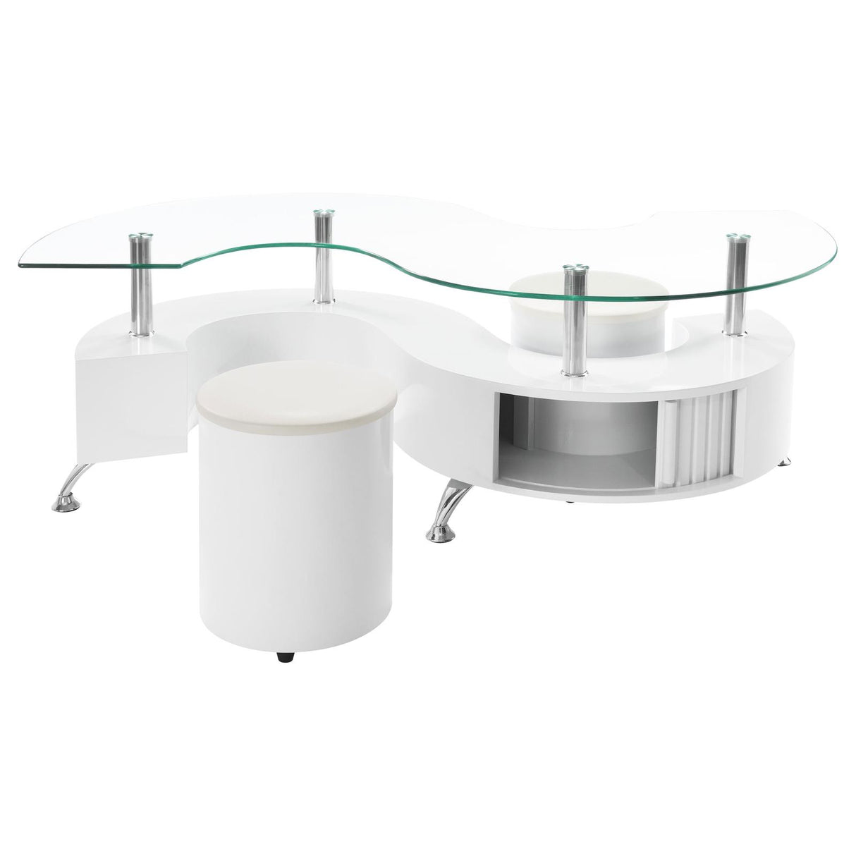 Buckley Curved Glass Top Coffee Table With Stools White High Gloss from Coaster - Luna Furniture