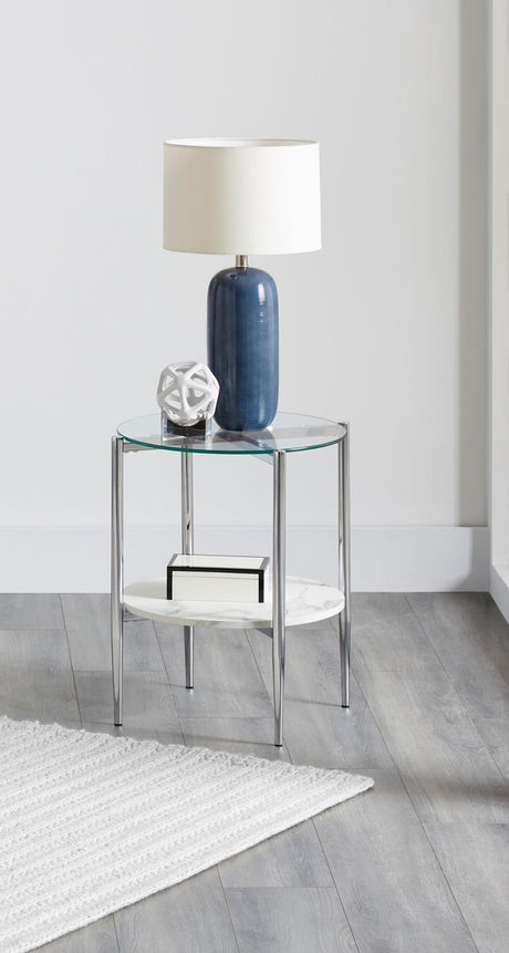 Cadee Round Glass Top End Table Clear/Chrome from Coaster - Luna Furniture