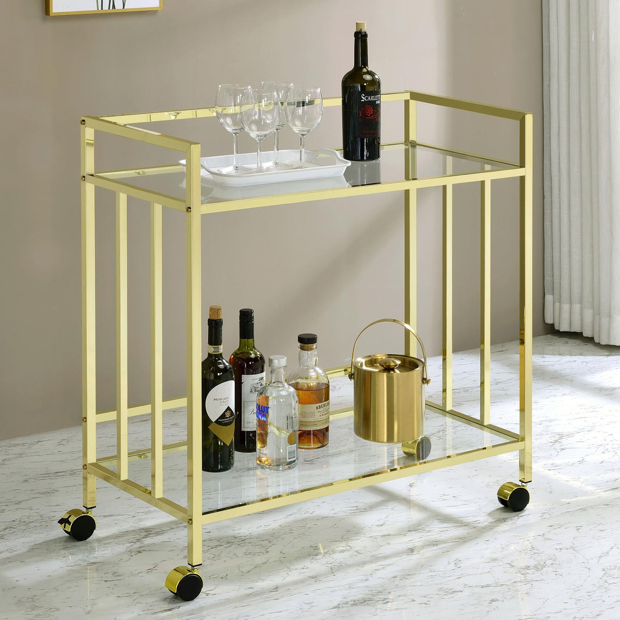 Cara Brass Rectangular Glass Bar Cart from Coaster - Luna Furniture