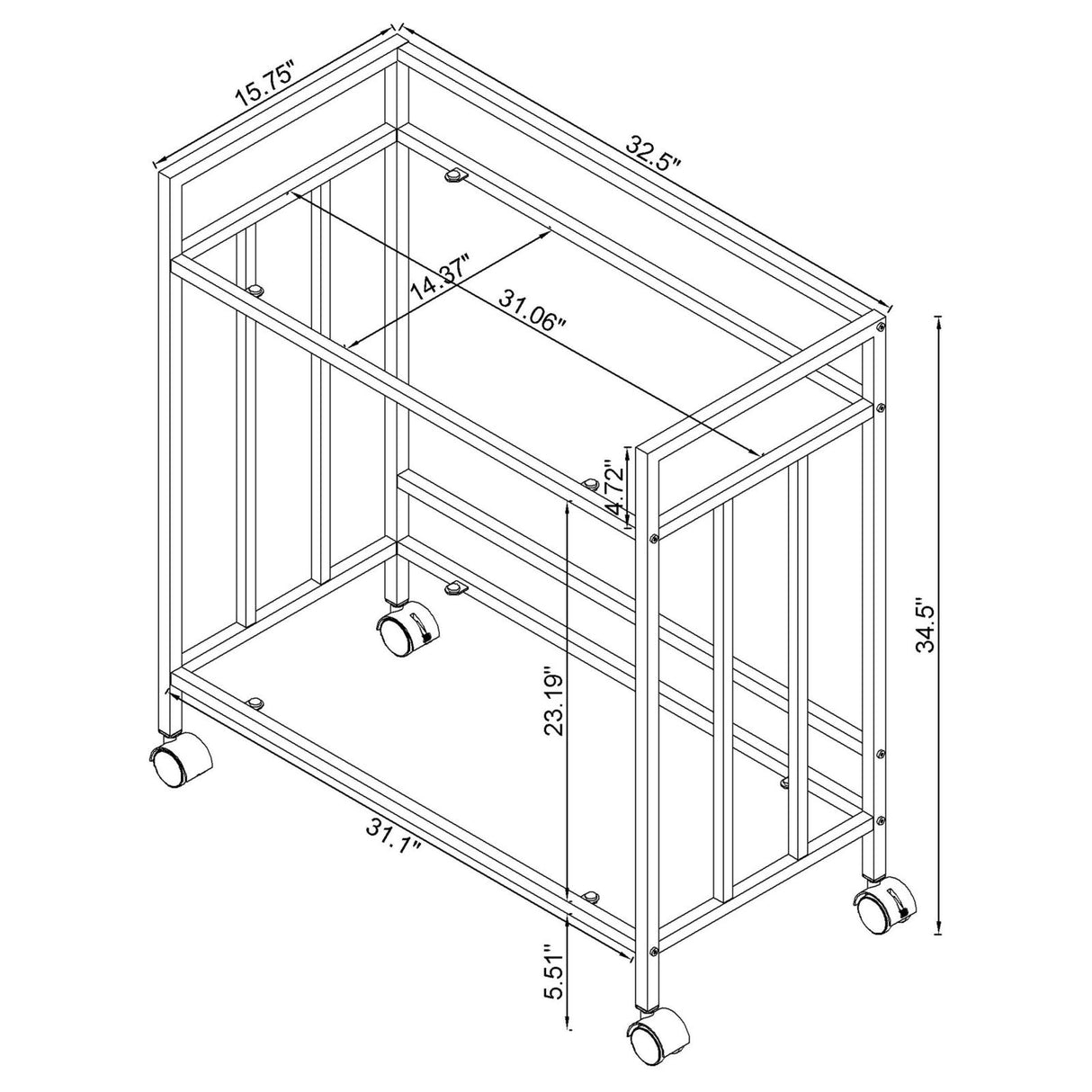 Cara Brass Rectangular Glass Bar Cart from Coaster - Luna Furniture