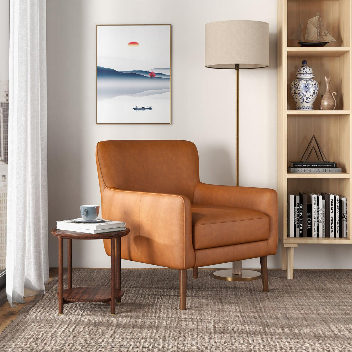 Claire Mid-Century Modern Genuine Leather Lounge Chair in Tan - AFC00254 - Luna Furniture