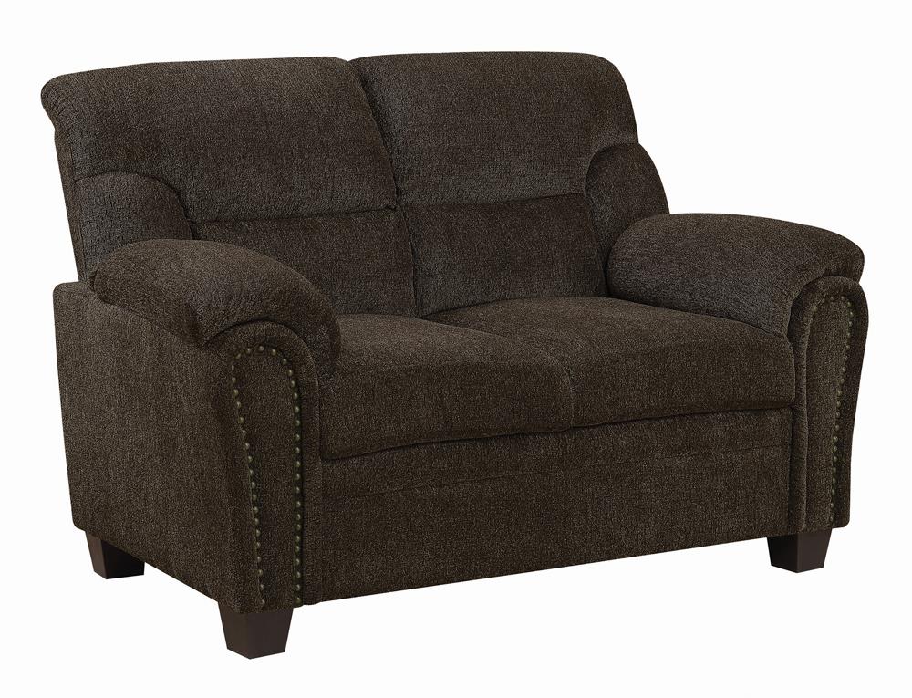 Clemintine Upholstered Loveseat with Nailhead Trim Brown from Coaster - Luna Furniture