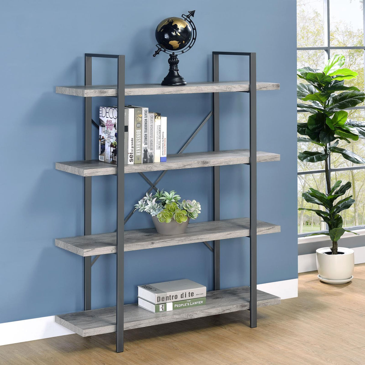 Cole Gray Driftwood/Gunmetal 4-Shelf Bookcase from Coaster - Luna Furniture