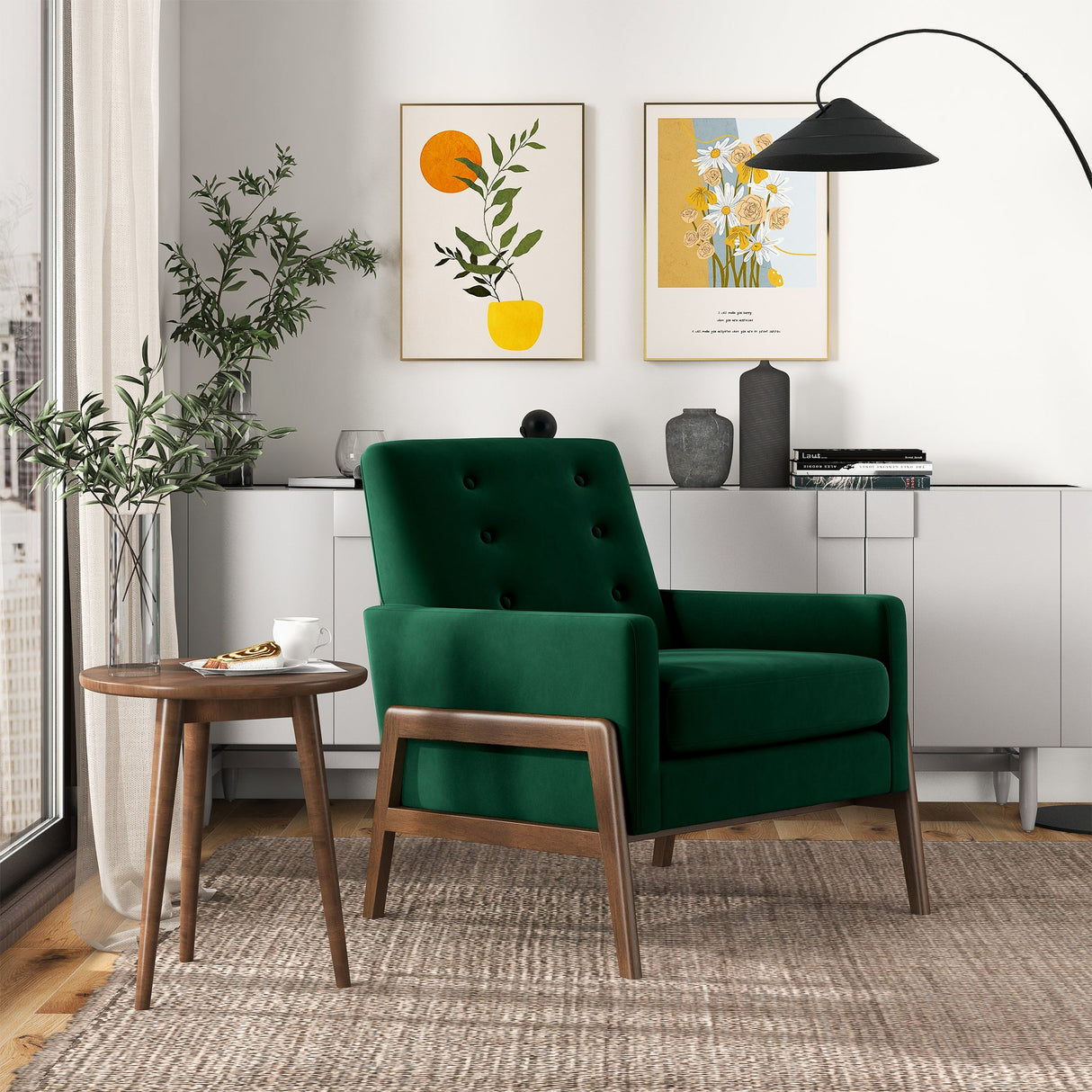 Cole Mid-Century Modern Solid Wood  Green Velvet Lounge Chair - AFC00046 - Luna Furniture