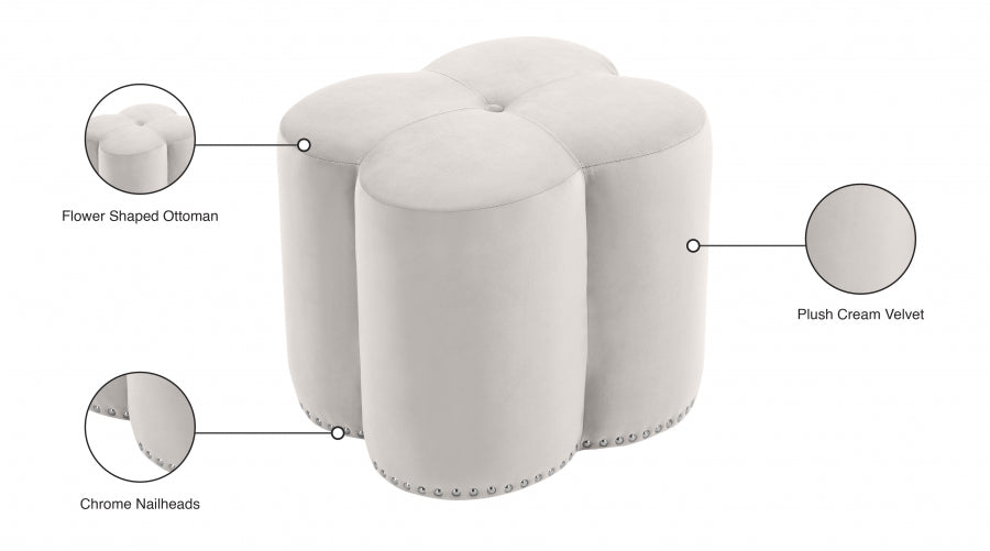 Clover Cream Velvet Ottoman from Meridian - Luna Furniture