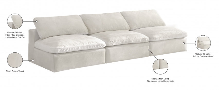 Cozy Cream Velvet Modular Fiber Filled Cloud-Like Comfort Overstuffed 117" Armless Sofa from Meridian - Luna Furniture