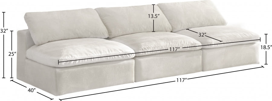 Cozy Cream Velvet Modular Fiber Filled Cloud-Like Comfort Overstuffed 117" Armless Sofa from Meridian - Luna Furniture