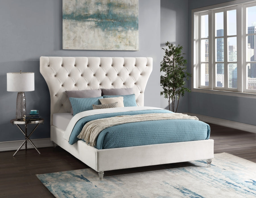 Kira Cream Velvet Queen Bed from Meridian - Luna Furniture