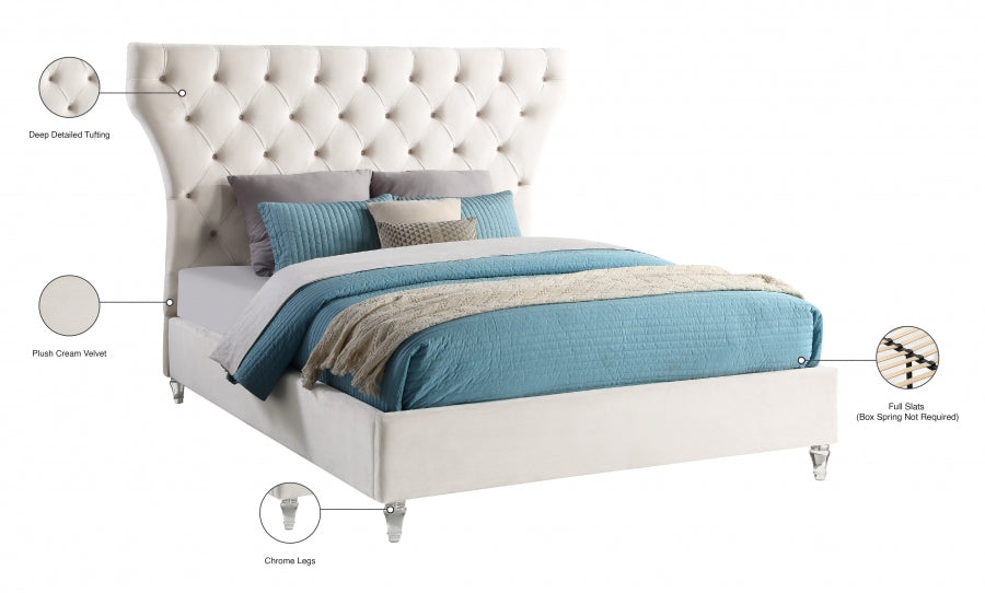 Kira Cream Velvet Queen Bed from Meridian - Luna Furniture