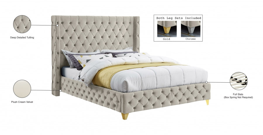 Savan Cream Velvet Queen Bed from Meridian - Luna Furniture