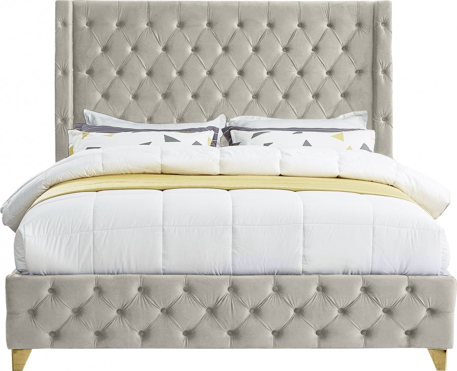 Savan Cream Velvet Queen Bed from Meridian - Luna Furniture