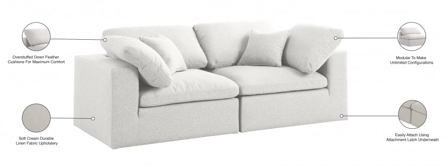 Serene Cream Linen Textured Deluxe Modular Down Filled Cloud-Like Comfort Overstuffed 80 Loveseat from Meridian - Luna Furniture