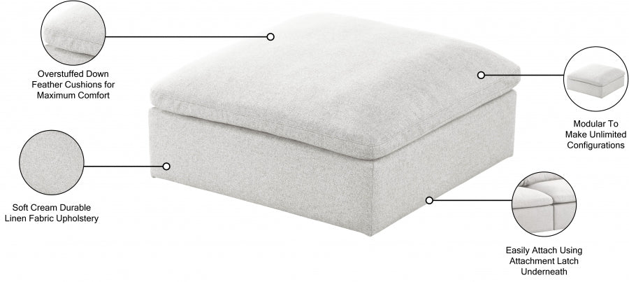 Serene Cream Linen Textured Deluxe Modular Down Filled Cloud-Like Comfort Overstuffed Ottoman from Meridian - Luna Furniture